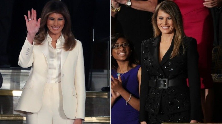 Melania Trump dans un tailleur-pantalon blanc et un tailleur-pantalon noir Marc Jacobs