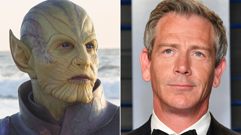 Talos dans Captain Marvel et Ben Mendelsohn côte à côte