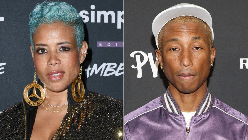 Kelis aux cheveux bleus courts, Pharrell Williams dans un bomber violet soie