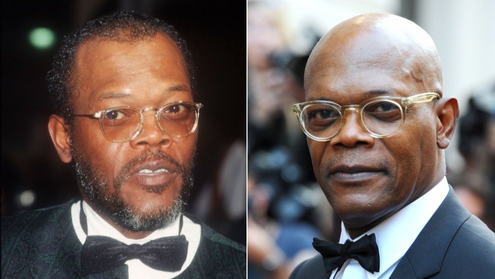 Samuel L.Jackson avec des lunettes et des cheveux à gauche, Samuel L.Jackson avec des lunettes et une tête chauve à droite