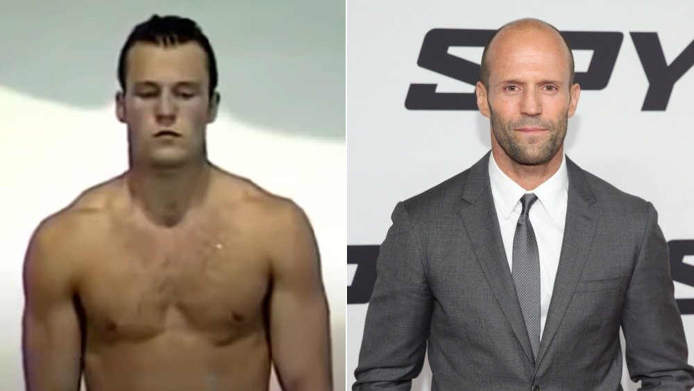 Jason Statham lors d'une compétition de natation (à gauche), Jason Statham chauve et en costume (à droite)