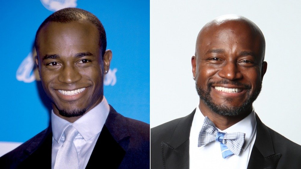 Taye Diggs devant un mur bleu aux cheveux courts (à gauche), chauve en costume (à droite)