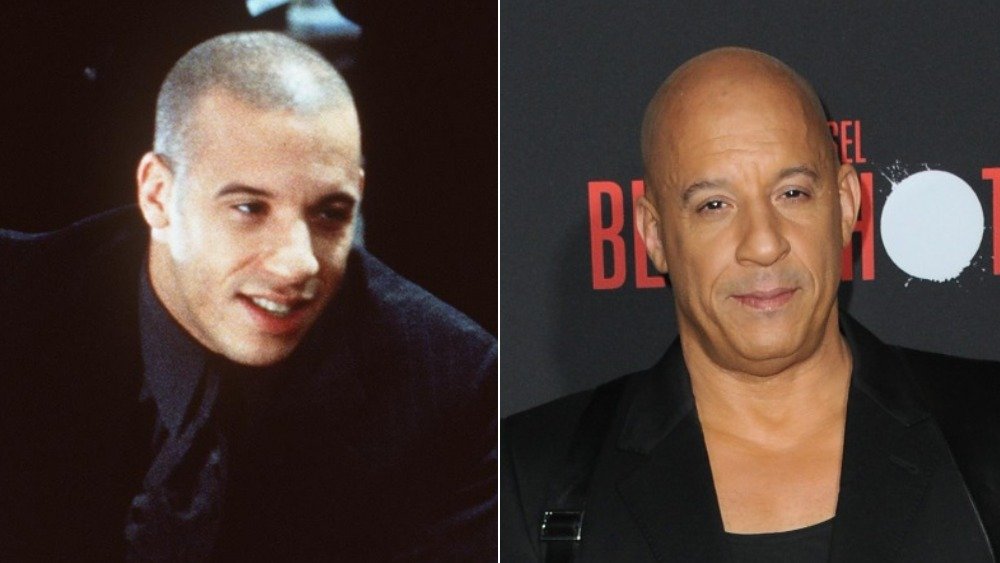 Vin Diesel jeune aux cheveux très courts (à gauche), Vin Diesel aujourd'hui (chauve)