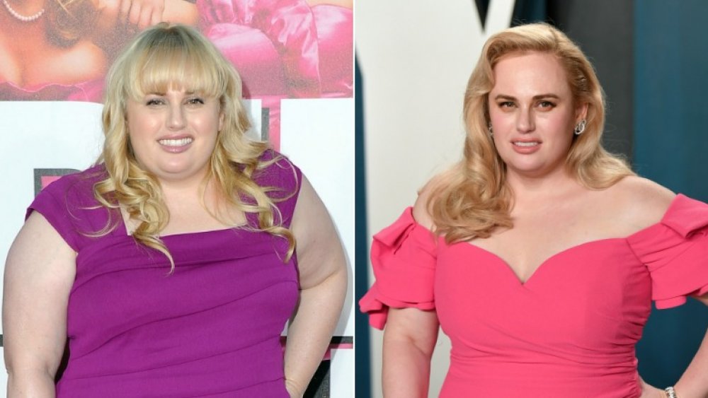 Rebel Wilson dans une robe violette sur la gauche, Rebel Wilson dans une robe rose sur la droite