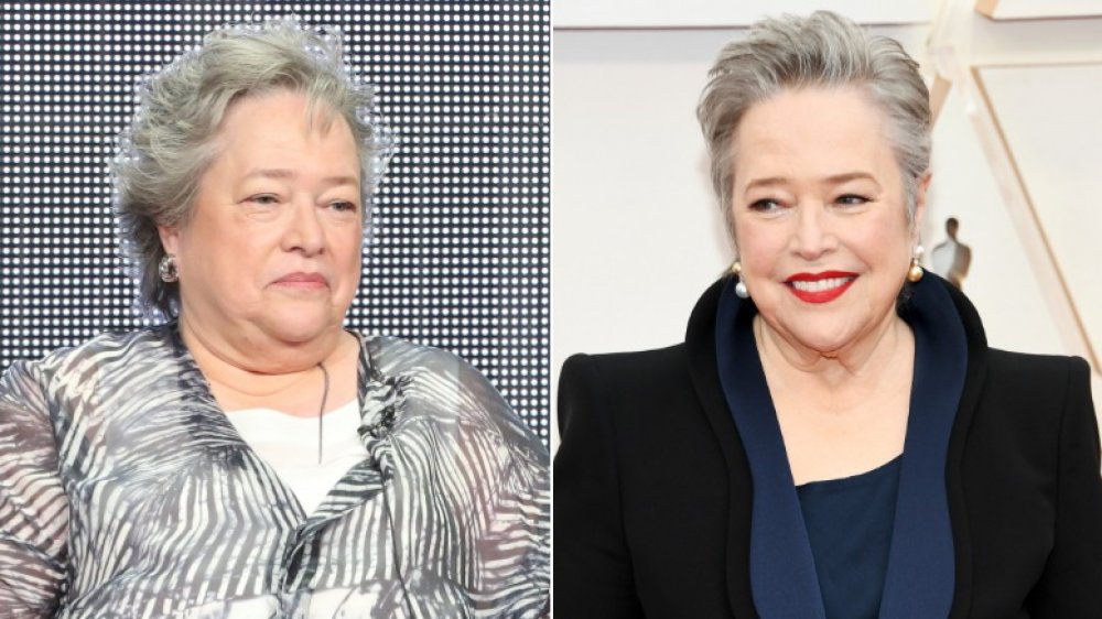 Kathy Bates lors d’une table ronde pour American Horror Story: Coven sur la gauche, et aminci aux Oscars sur la droite