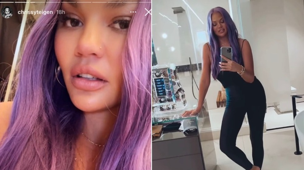 Chrissy Teigen montre une perruque violette sur Instagram Story