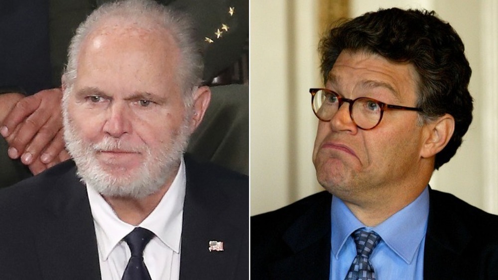 Rush Limbaugh avec les larmes aux yeux (à gauche), Al Franken souriant (à droite)