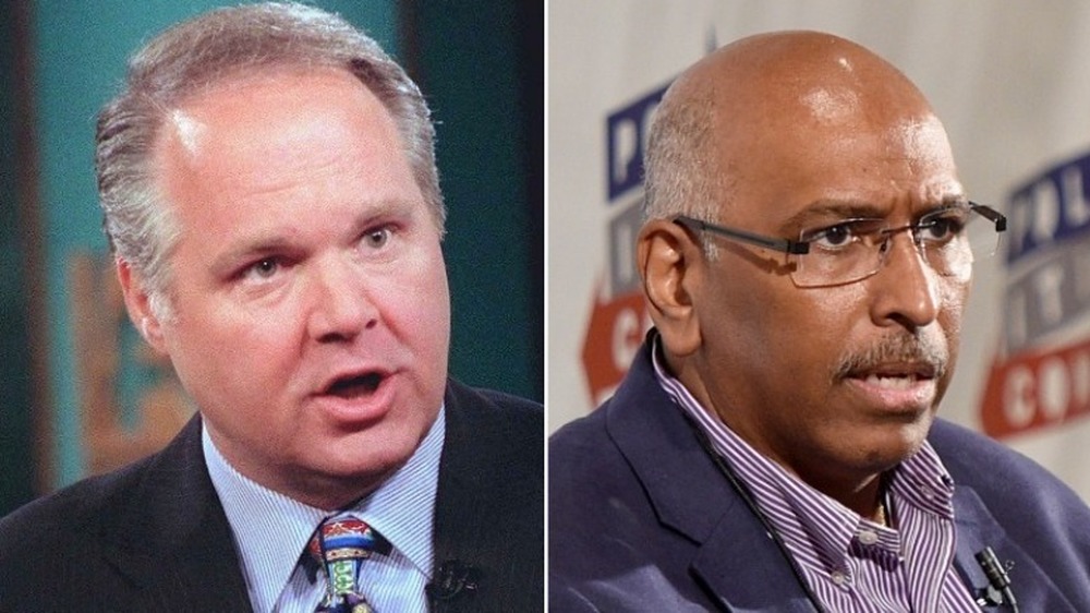 Rush Limbaugh s'exprimant avec colère (à gauche), Michael Steele fronçant les sourcils (à droite)