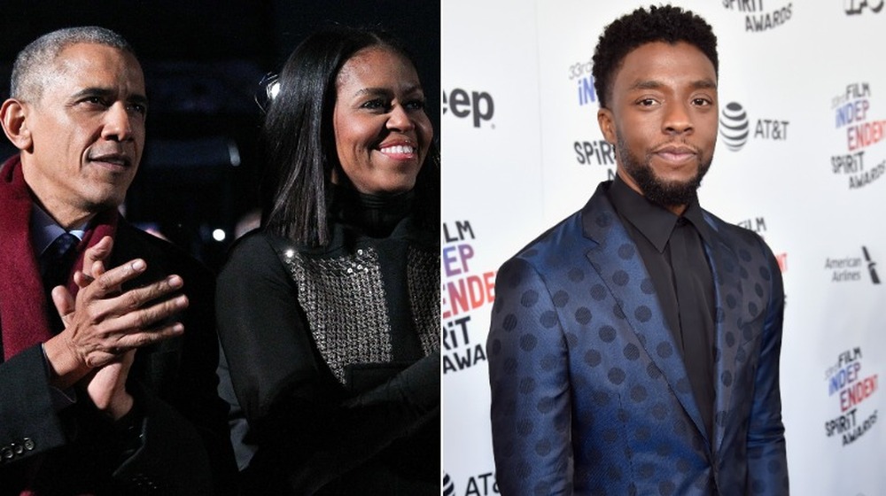 Barack et Michelle Obama applaudissant, Chadwick Boseman posant