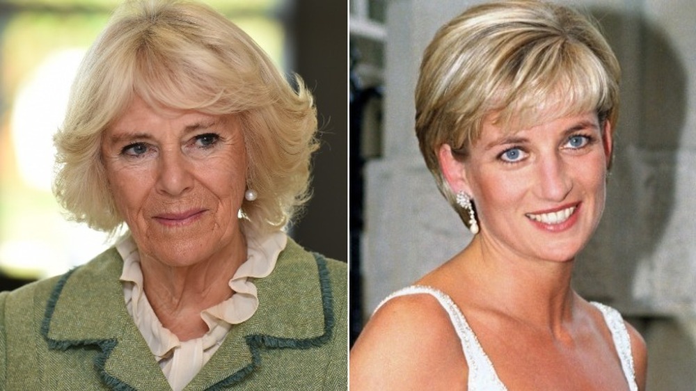 Camilla Parker Bowles en souriant (à gauche), la princesse Diana en souriant (à droite)