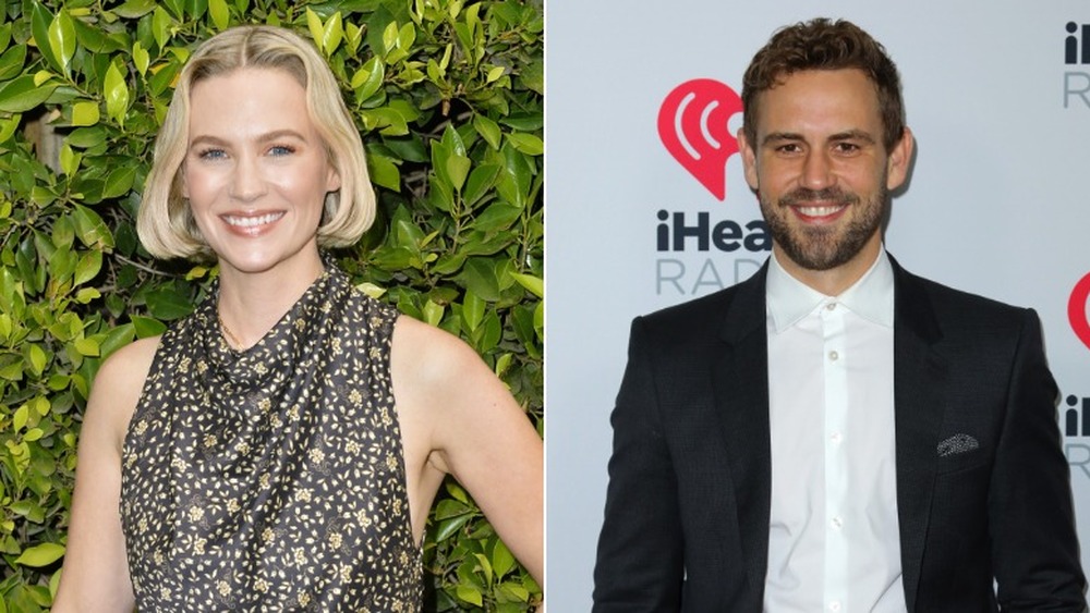 January Jones souriant (à gauche), Nick Viall souriant (à droite)