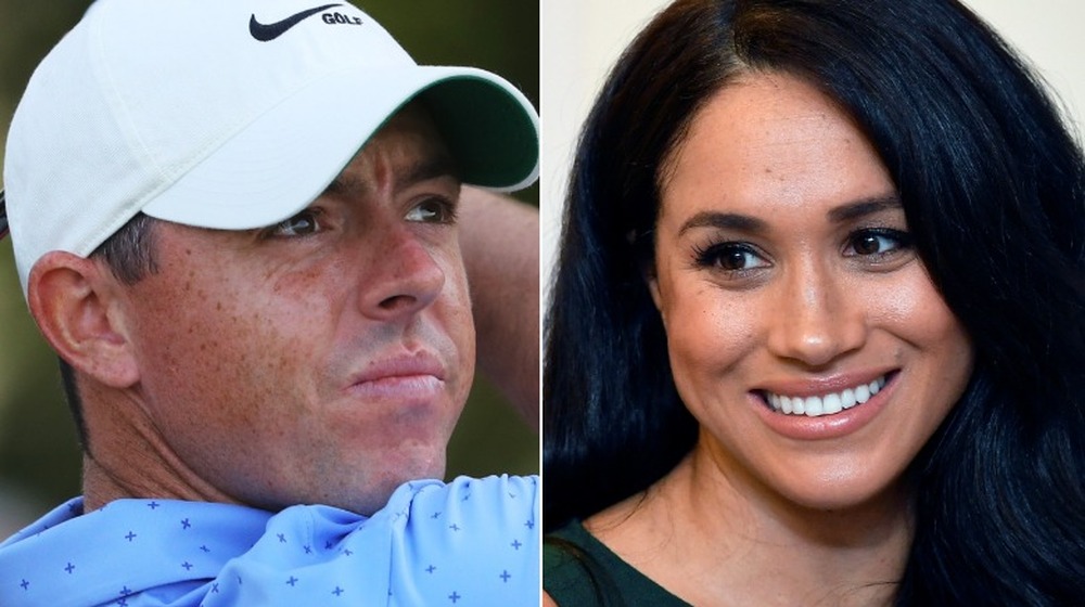 Rory McIlroy jouant au golf, Meghan Markle souriant