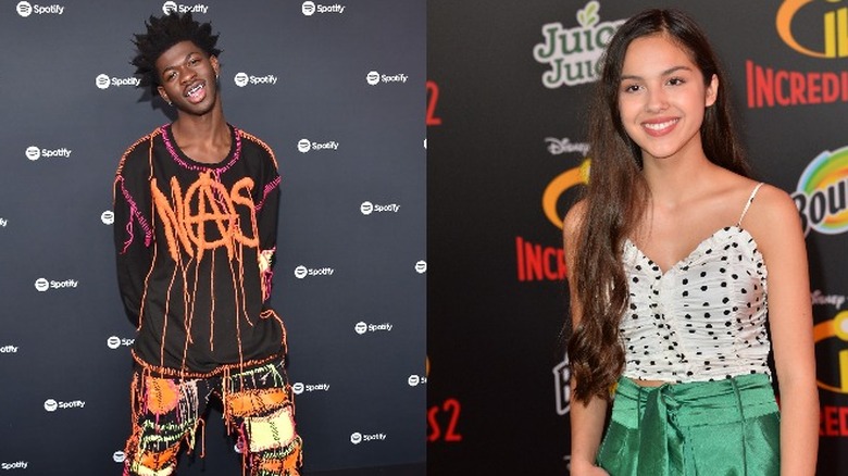 Lil Nas X souriant dans une chemise graphique aux côtés d'une image d'Olivia Rodrigo souriant dans un haut à pois et une jupe verte