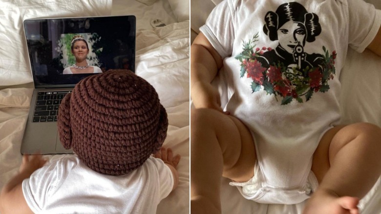 Le fils de Billie Lourd en grenouillère Star Wars et regarde un film