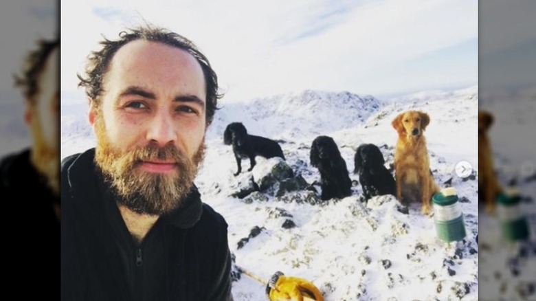 James Middleton et chiens sur la montagne enneigée