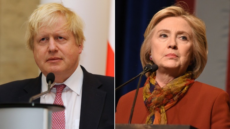 Boris Johnson/Hillary Clinton semblent tous deux tendus devant les podiums