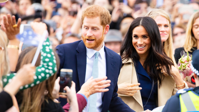 Le prince Harry et Meghan Markle dans une foule de fans