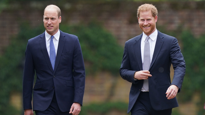 Les princes William et Harry sourient et marchent dehors