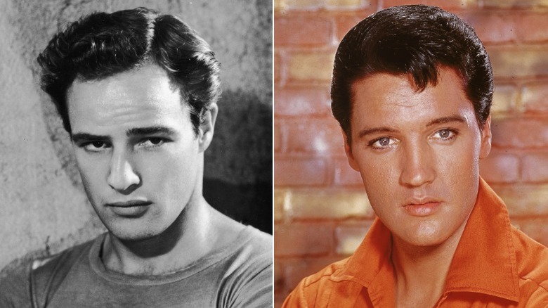Marlon Brando et Elvis Presley avec des expressions sérieuses