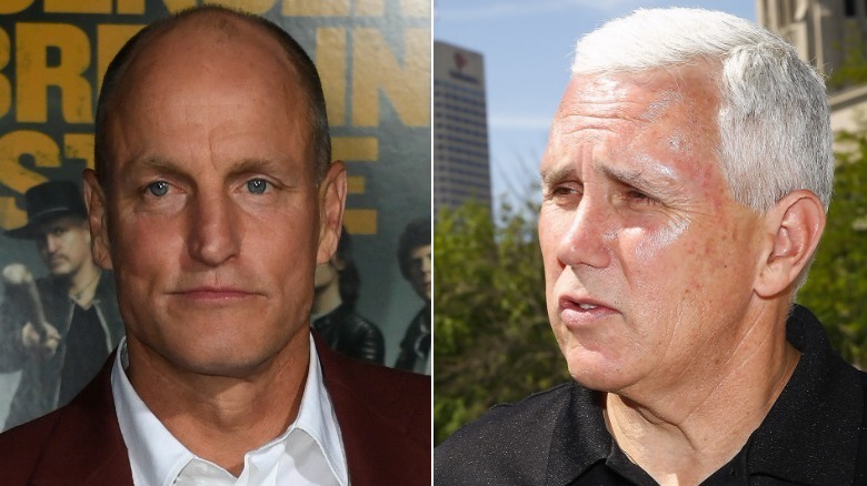 Woody Harrelson posant et Mike Pence parlant 