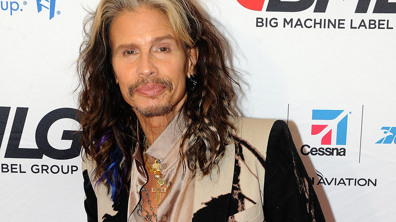 Steven Tyler avec des mèches blanches dans les cheveux et un blazer à imprimé vache