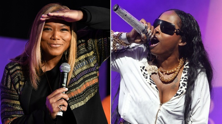 Queen Latifah avec sa main sur sa tête, Foxy Brown rappant avec des lunettes de soleil