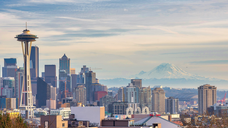 Plan large des montagnes et des bâtiments de Seattle, y compris Space Needle