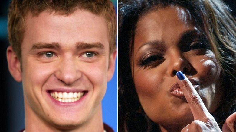 Justin Timberlake souriant, Janet Jackson embrassant le doigt