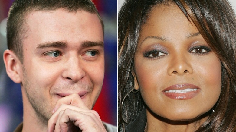 Justin Timberlake avec une jointure sur la bouche, Janet Jackson souriant