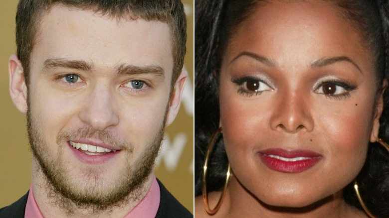 Justin Timberlake souriant, Janet Jackson portant des créoles