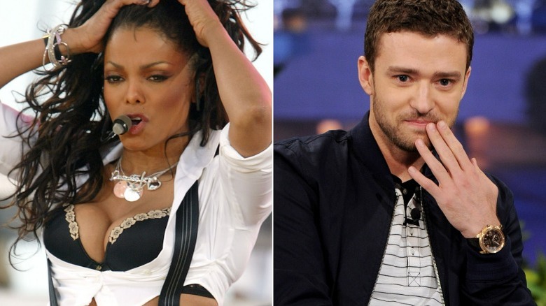 Janet Jackson tenant les cheveux, Justin Timberlake touchant la bouche