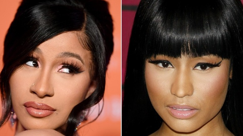 Cardi B pose avec une lèvre nude, Nicki Minaj avec une frange noire