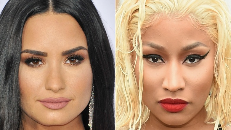 Demi Lovato longs cheveux noirs, Nicki Minaj cheveux blonds platine lèvres rouges