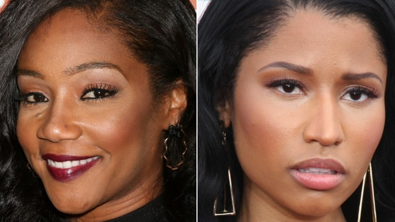 Tiffany Haddish souriante aux longs cheveux noirs, Nicki Minaj l'air folle