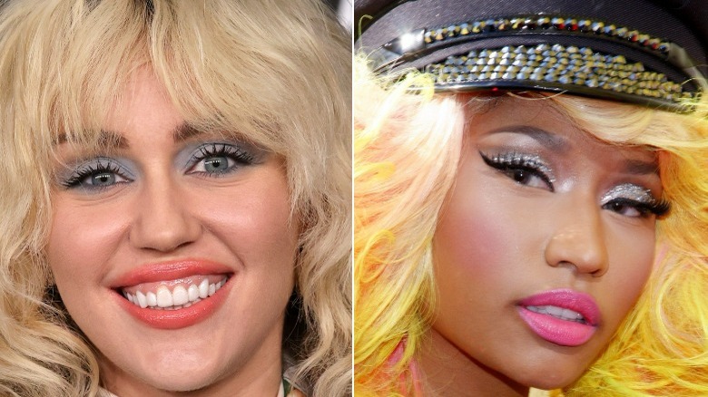 Miley Cyrus blonde frange fard à paupières bleu, Nicki Minaj casquette biker cheveux jaunes