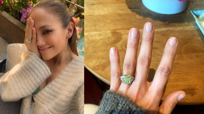 Jennifer Lopez souriante avec sa bague