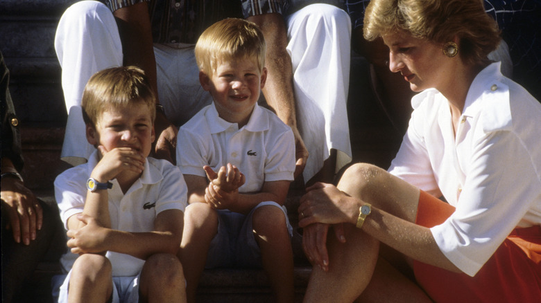 Le prince William et le prince Harry assis sur les marches avec leur mère, la princesse Diana