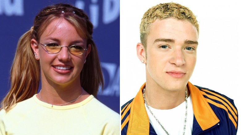 Britney Spears et Justin Timberlake côte à côte (image fractionnée), tous deux souriants