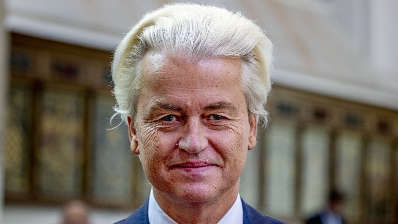 Geert Wilders regarde la caméra, ses cheveux relevés autour de lui