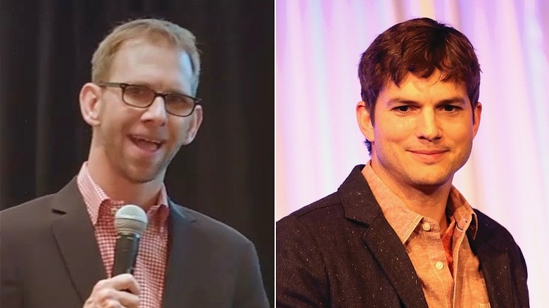 À gauche : Michael Kutcher lors d'une allocution ; À droite : Ashton Kutcher souriant doucement