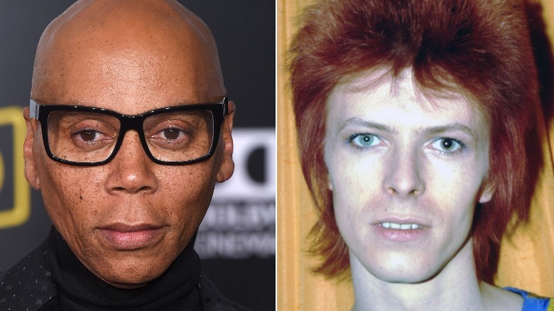 RuPaul porte des lunettes à monture noire, David Bowie porte du glam pendant la phase de Ziggy Stardust