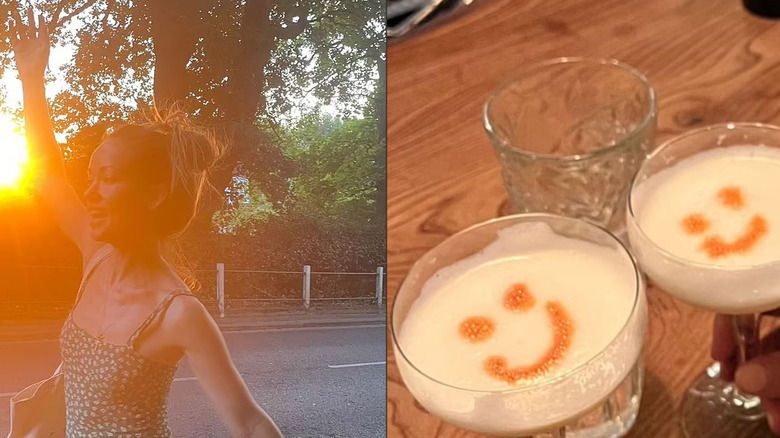 Olivia Wilde levant la main en l'air, et une boisson savoureuse ornée d'un smiley