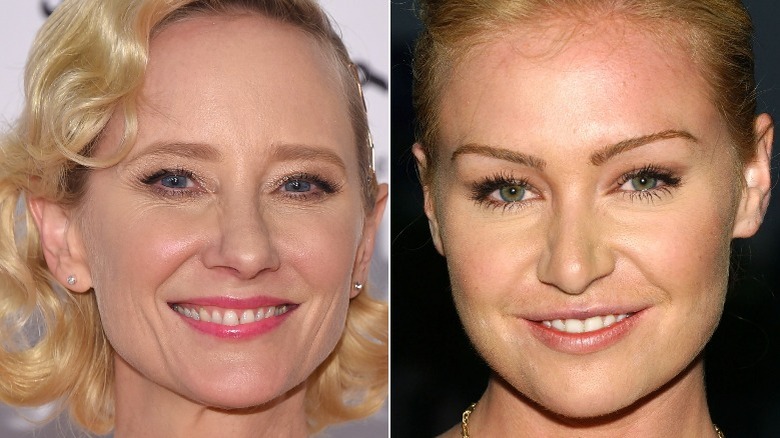 Anne Heche triste regardant à gauche Portia de Rossi souriante