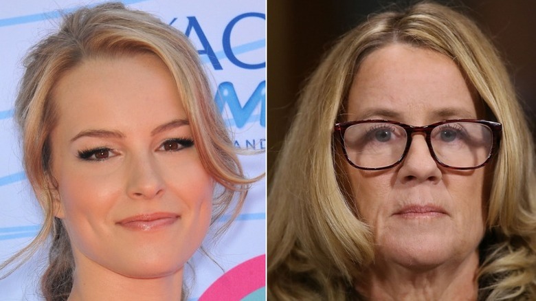 À gauche : Bridgit Mendler, souriant doucement ; À droite : Dre Christine Blasey Ford, regardant vers l'avenir