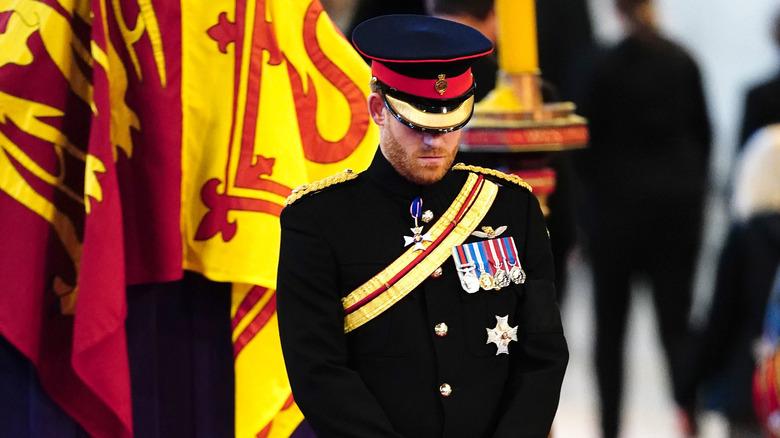 Le prince Harry baisse la tête en uniforme