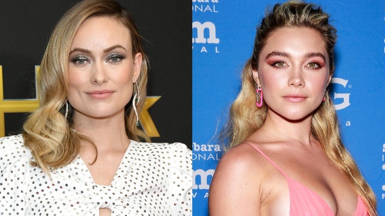 Olivia Wilde en haut à pois; Florence Pugh en ensemble rose