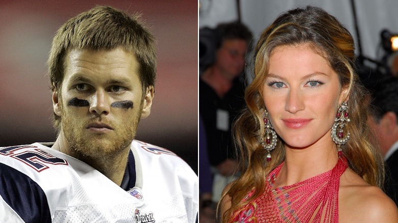 Tom Brady jouant au football et Gisele Bundchen posant en 2006, image partagée