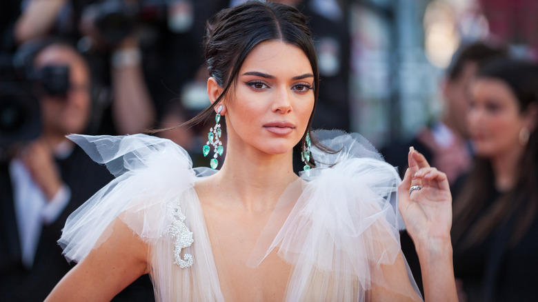 Kendall Jenner pose pour une photo en robe blanche avec ses cheveux relevés en chignon