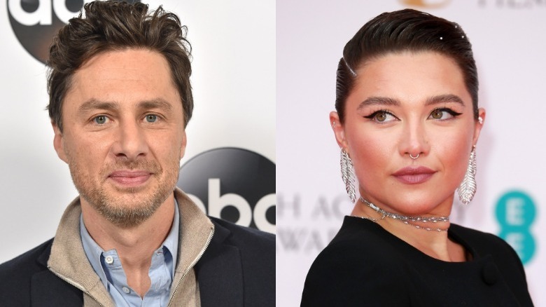 Zach Braff pose en blazer, Florence Pugh porte une robe noire