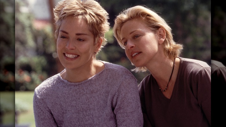 Sharon Stone et Ellen DeGeneres en tournage